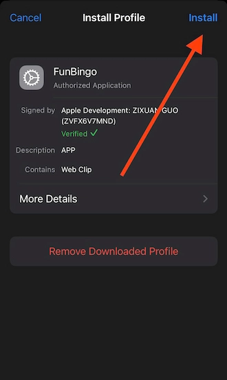 ⚙️ Step 3: Finally, go to General Settings > Device and VPN Management > FUNBINGO profile > Install.